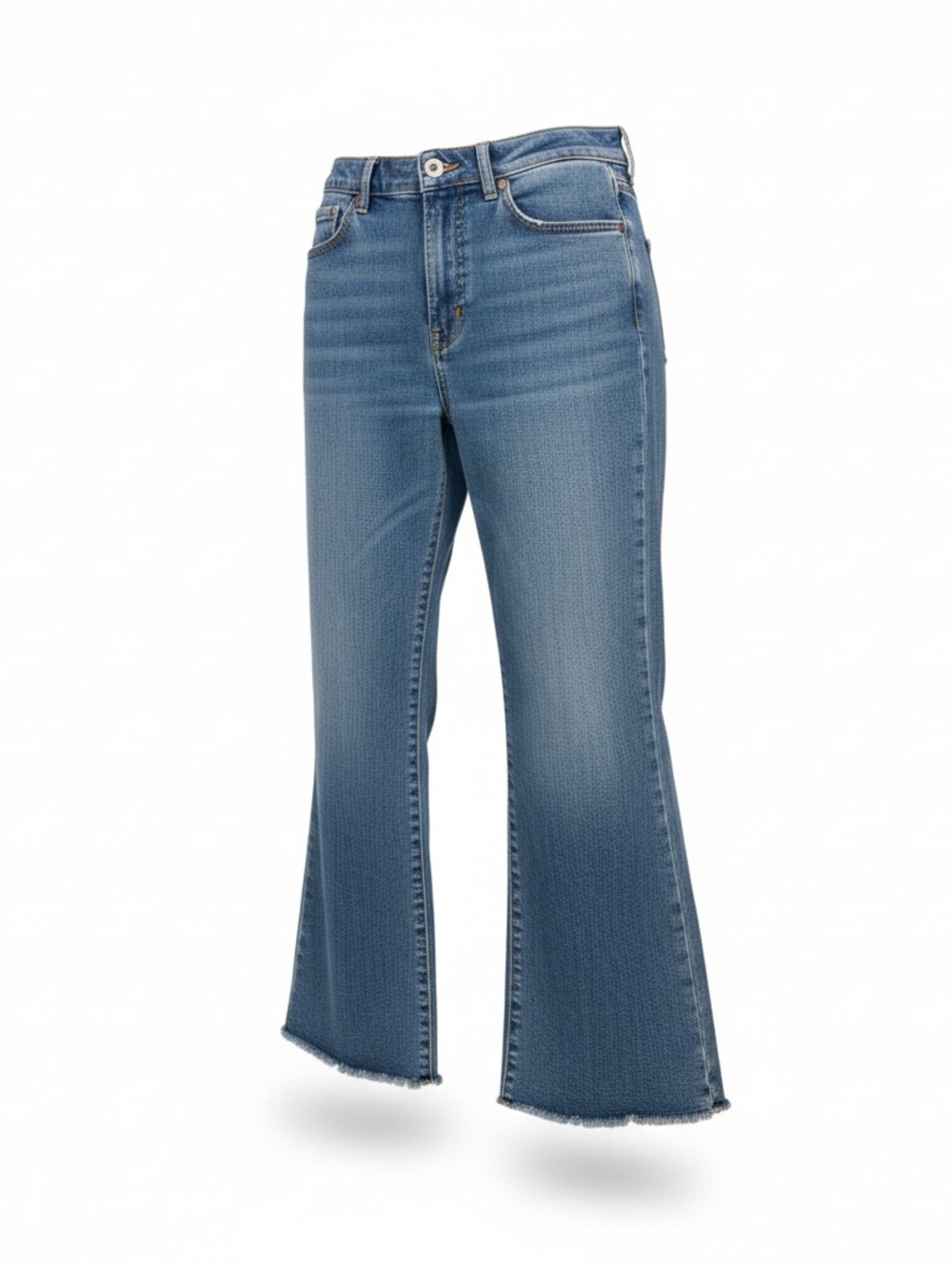 Express Blue Cropped Flare Jeans with Frayed Hem